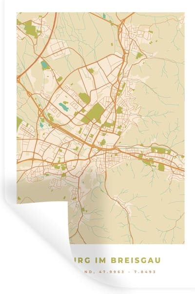 Muurstickers - Sticker Folie - Freiburg im Breisgau - Kaart - Stadskaart - Vintage - Plattegrond - 20x30 cm - Plakfolie - Muurstickers Kinderkamer - Zelfklevend Behang - Zelfklevend behangpapier - Stickerfolie