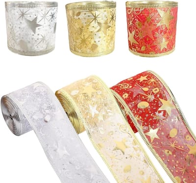 Kerst Cadeaulint Set - 3 Rollen in Rood, Goud en Zilver met Sterren en Noten Motief - 3.8cm x 9m voor Cadeauverpakkingen, Kerstversiering en Boomdecoratie