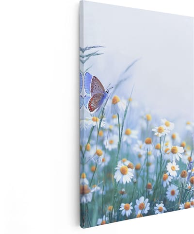 Artaza Canvas Schilderij Vlinder - 80x120 cm - Groot - Wanddecoratie Bloemen - Muurdecoratie Madeliefjes - Schilderijen Op Canvas Weiland
