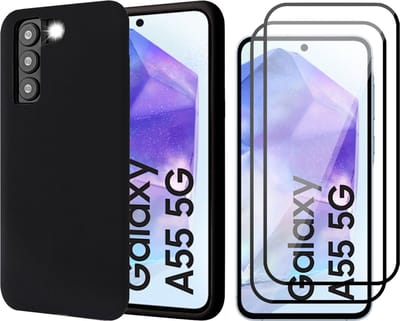 Hoesje geschikt voor Samsung Galaxy A55 - 2x Screenprotector Volledig Dekkend Glas - Mat Back Case Zwart