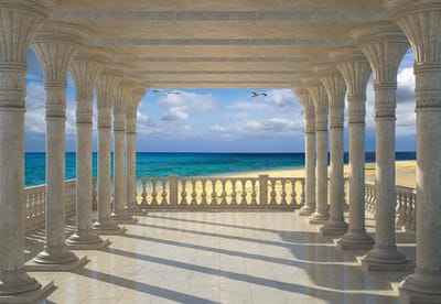 Fotobehang Beach View Through Pillars | XL - 208cm x 146cm | 130g/m2 Vlies