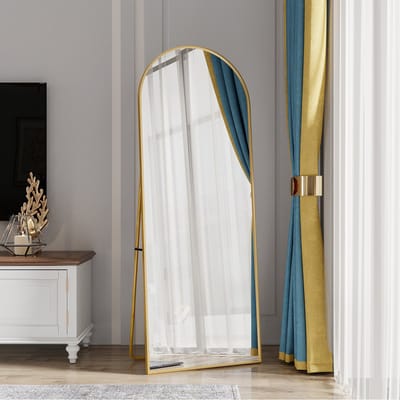 Gebogen Spiegel Spiegel van volledige lengte 162 x 53 cm staande spiegel met standaard goudkleurig geschikt om te staan op te hangen of tegen de muur te plaatsen voor slaapkamer, hal of voordeur