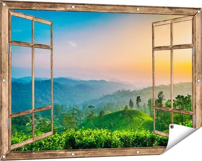 Gards Tuinposter Doorkijk Zonsondergang op een Thee Plantage - 120x80 cm - Tuindoek - Tuindecoratie - Wanddecoratie buiten - Tuinschilderij
