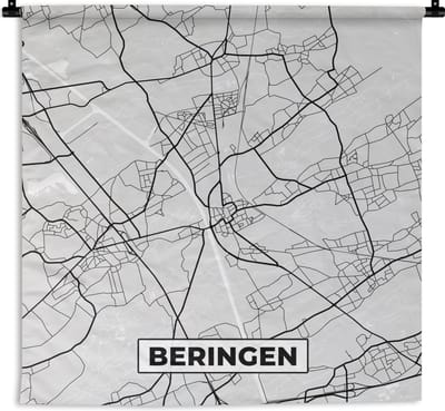 Wandkleed - Wanddoek - Zwart Wit – België – Plattegrond – Stadskaart – Kaart – Beringen - 180x180 cm - Wandtapijt