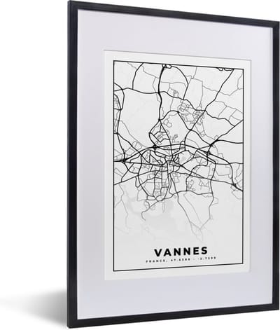 Fotolijst incl. Poster Zwart Wit- Kaart - Plattegrond - Vannes - Frankrijk - Stadskaart - Zwart wit - 30x40 cm - Posterlijst