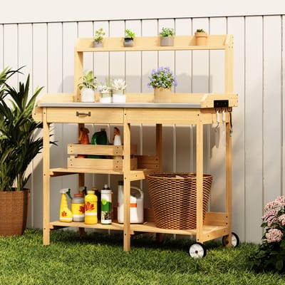 Xbro Tuinkast met Waterdicht Werkblad en Opbergvakken – Plantentafel met Lade, Haken & Wielen – Voor Binnen & Buiten – Houten Opbergkast voor Tuin & Balkon – 112 x 43 x 120 cm