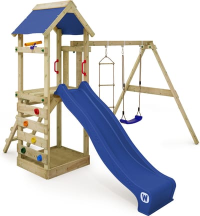 Wickey FreeFlyer Speeltoestel - Schommel met Glijbaan en Touwladder - Klimwand & Zandbak - 295x340x260 cm - Blauw
