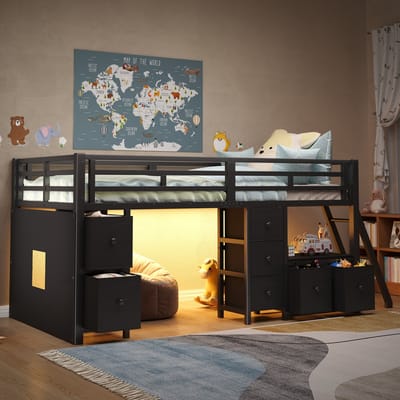 Halfhoogslaper 90x200 cm - zwart kinderbed met ledverlichting - 7 stoffen laden - veiligheidshek en speelruimte onder het bed