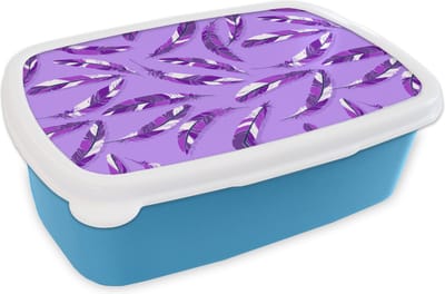 Broodtrommel Blauw - Lunchbox - Brooddoos - Meiden - Veren - Paars - Patronen - Girl - Paars - Kinderen - Kids - 18x12x6 cm - Kinderen - Jongen