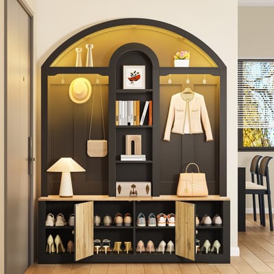 MODENUIT Garderobekast - Open Vakken, Haken En Onderkast - Voor Hal, Woonkamer En Slaapkamer - MDF Zwart - 150x40x195 cm