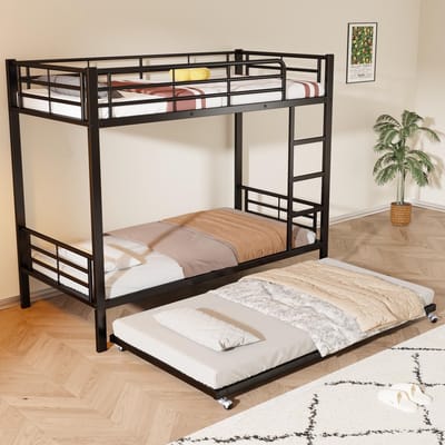 STILVORA Stapelbed 90x200 cm - Metaal Hoogslaper Met Veiligheidsbeugel En Uitrolbed - Geschikt Voor 3 Personen - Zwart