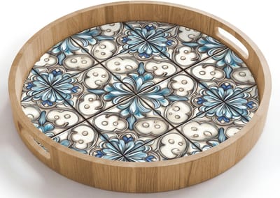 Dienblad rond 40x40 cm - Schootdienblad hout - Barok - Tegel - Kleurrijk - Borrelplank rechthoek - Plateau houten dienbladen