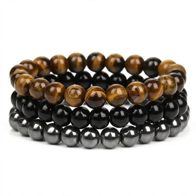 Bruin zwart grijs kralen armband set voor dames en heren – elastische armband van steen – 3 stuks