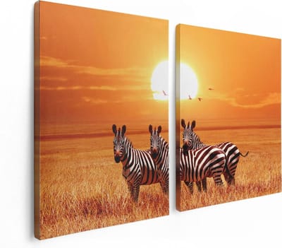 Artaza Canvas Schilderij Tweeluik Drie Zebra's Bij Zonsondergang - 120x80 - Foto Op Canvas - Canvas Print