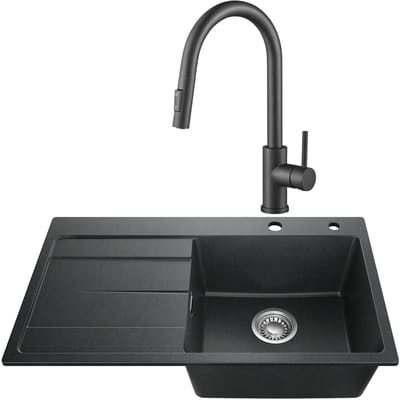 SOFETIY MAX Granieten Spoelbak 78x45CM Zwart - Spoelbakken Keuken Met Keukenkraan met Uittrekbare uitloop - Spoelbak Met Planchet en Afdruiprek - Spoelbakken Incl. Sifon en Afvoerzeefje