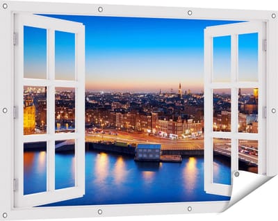 Gards Tuinposter Doorkijk Amsterdam Centrum in de Nacht - 120x80 cm - Tuindoek - Tuindecoratie - Wanddecoratie buiten - Tuinschilderij