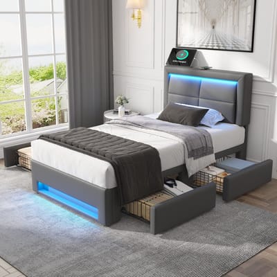 MEUNIQ gestoffeerd eenpersoonsbed 90x200 cm met lattenbodem, USB-oplaadpunt, LED-verlichting en 4 lades, bedframe voor slaapkamer, grijs