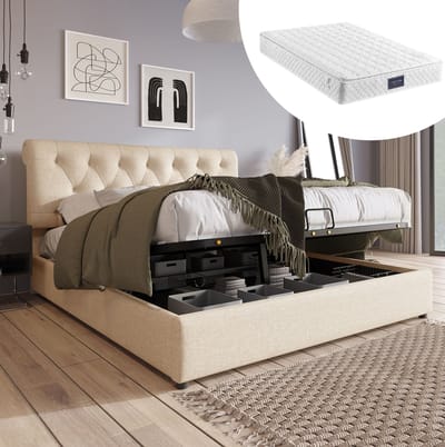 MEUNIQ tweepersoons bed 140x200 cm met verstelbaar hoofdbord, lattenbodem, hydraulische opbergruimte en matras, stoffen bedframe voor slaapkamer, naturel