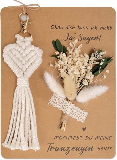 Cadeauset Trouwgetuige Vragen Bruidsmeisje Uitnodiging met Gedroogde Bloemen en Macramé Sleutelhanger