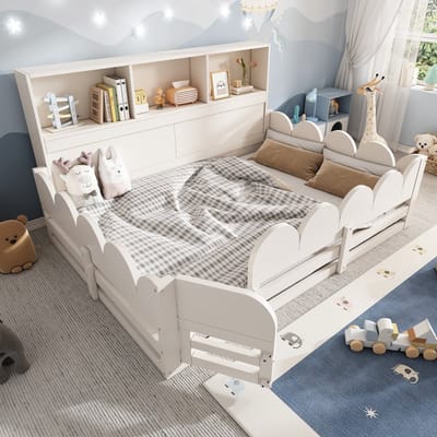MODFU - Kinder Vloerbed - Met Veiligheidshek En Deur - Met Opbergvakken - Hout - Wit - 140 x 190 cm
