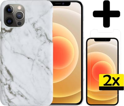 Hoesje Geschikt voor iPhone 12 Pro Hoesje Marmer Case Hard Cover Met 2x Screenprotector - Hoes Geschikt voor iPhone 12 Pro Case Marmer Hoesje Backcover - Wit