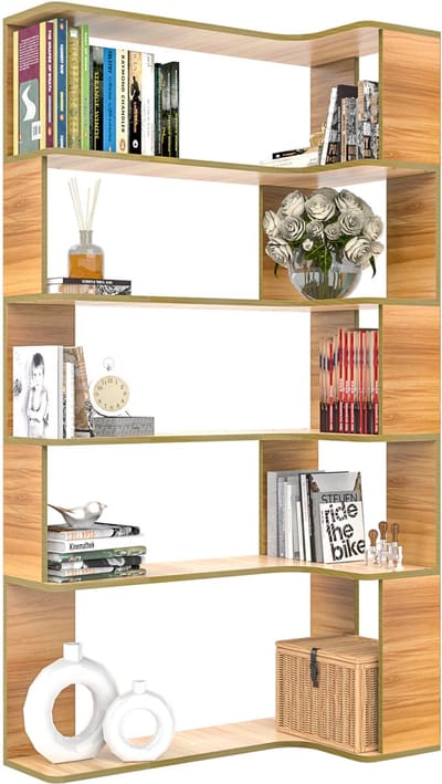 PIPIPOXER-Boekenkast met 6-Laags - L-vormige Hoek Boekenkast Industrieel - Open Opbergplanken voor Woonkamer, Slaapkamer, Thuiskantoor - 90x48x169cm - Bruin