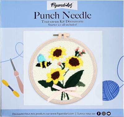 Figured'Art Punch Needle Kit voor Volwassenen en Kinderen - Een bij en zonnebloemen - Perfect voor Beginners. Compleet klaar-om-te-borduren set, maat 20x20 cm met ronde frame