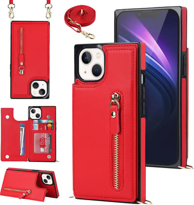 Casemania Hoesje Geschikt voor Apple iPhone 14 - Rood - Luxe Back Cover met Koord / Rits - Wallet Case met Pasjeshouder - Lanyard Telefoonhoes - Cord Case