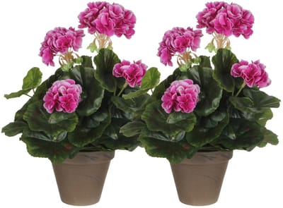 Mica Decorations Kunstplant - 2x - geranium - paars - in pot - 34 cm - nepplanten - kunstbloemen