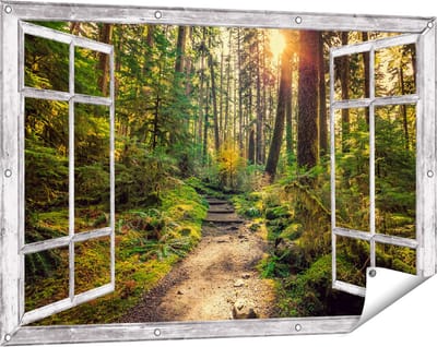 Gards Tuinposter Doorkijk Voetpad in het Bos - 120x80 cm - Tuindoek - Tuindecoratie - Wanddecoratie buiten - Tuinschilderij