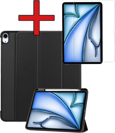 Hoesje - Geschikt voor Apple iPad Air (2024/2025/2026) - 11 inch - Met Screenprotector - Trifold Bookcase Hoes - Hard Cover Case - Met Uitsparing Geschikt voor Apple Pencil - Hardcover Book - Tablethoes - Zwart