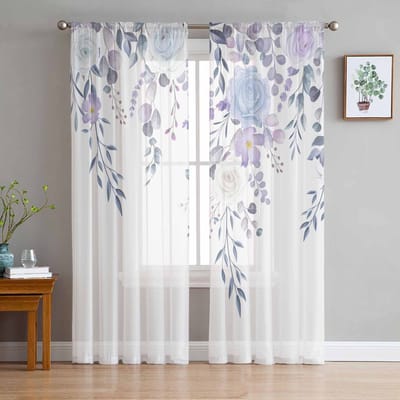 Pastorale Planten Bloemen Transparante Gordijnen voor Woonkamerdecoratie Raamgordijnen voor Keuken Tule Voile Organza Gordijnen W135 x H115cm x1 white