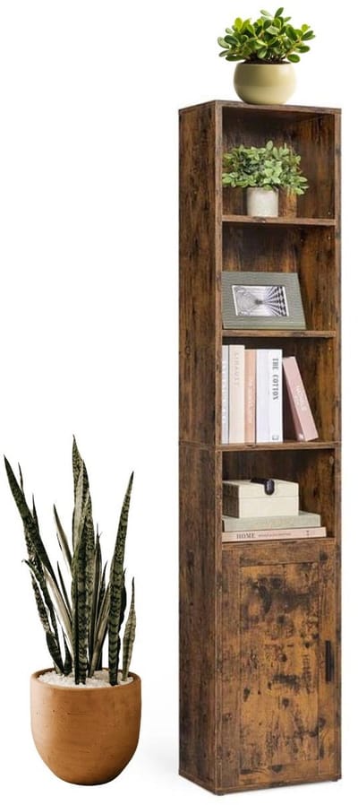 Signature Home Lang Boekenkast - Opbergkast 6-laags hoge plank - vrijstaande kastmet deur - open opbergeenheid - vintage bruin -24 x 31,8 x 175 cm
