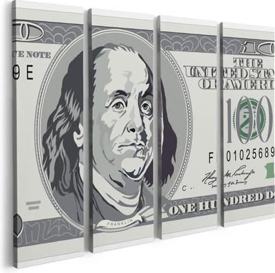 Artaza Canvas Schilderij Vierluik Geld Dollar Biljet - Briefje van 100 Dollar - 80x60 - Foto Op Canvas - Canvas Print