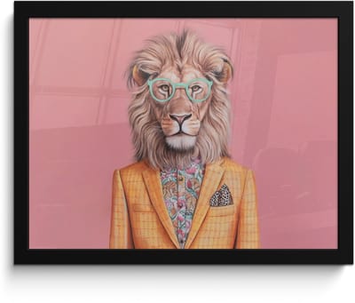 Poster in lijst - Fotolijst 40x30 cm - Posters - Leeuw - Pak - Geruit - Bril - Posterlijst zwart - Decoratie - Wanddecoratie woonkamer - Muurdecoratie slaapkamer