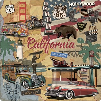 Signs USA - retro wandbord - dibond - Collage California - 74 x 74 cm