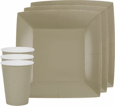 Santex feest/verjaardag servies set - 10x gebaksbordjes en bekertjes - taupe/beige - karton