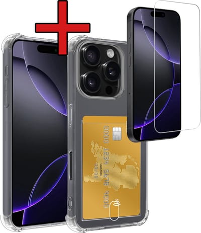 Hoesje - Geschikt voor Apple iPhone 16 Pro - Met Screenprotector - Pashouder - Kaarthouder - Back Cover - Telefoon Hoes Shockproof - Siliconen Case - Shock Proof - Pasjes Houder - Telefoonhoes - Transparant