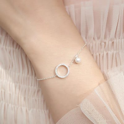 925 Sterling Silver Simple Micro Pave Circle Bracelet For Women Cubic Zirconia Pearl Chain Bracele Pulseras S -B123 16cm add 4cm beige