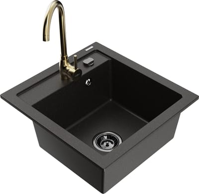 Mexen Vito granieten spoelbak 1-komers met Telma keukenmengkraan, zwart/goud metallic - 6503-75-670200-50-B