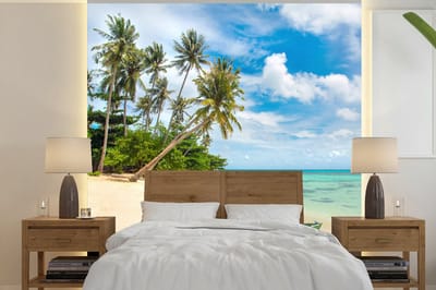 Behang - Fotobehang Strand - Kano - Palmboom - Tropical - Breedte 240 cm x hoogte 240 cm