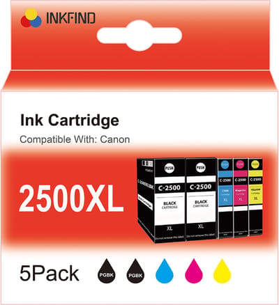 INKFIND 2500XL inktcartridge voor Canon PGI2500 PGI-2500 2500XL inktcartridge multipack 5 stuks (Zwart x 2, Cyaan x 1, Magenta x 1, Geel x 1) geschikt voor Canon Maxify IB4050 IB4150 MB5050 MB5150 MB5155 MB5350 MB5450 MB5455