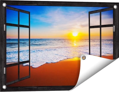 Gards Tuinposter Doorkijk Strand en Zee tijdens Zonsondergang - 60x40 cm - Tuindoek - Tuindecoratie - Wanddecoratie buiten - Tuinschilderij