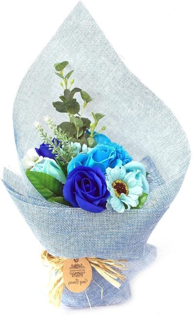 Zeep Bloemen Boeket - Sopbloemen Cadeau - Decoratie Kamer - Handgemaakt Design - 32 x 19 x 12 cm - Blauw