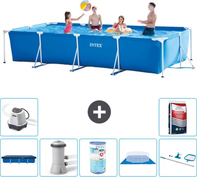 Intex Rechthoekig Frame Zwembad - 450 x 220 x 84 cm - Blauw - Inclusief Afdekzeil - Zwembadfilterpomp - Filter - Grondzeil - Schoonmaakset - Zoutwatersysteem - Zwembadzout - 8-delig