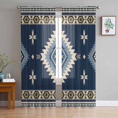Boheemse Geometrische Decoratie Blauwe Transparante Gordijnen voor Woonkamerdecoratie Raamgordijnen Keuken Tule Voile Gordijnen W135 x H115cm x1 black