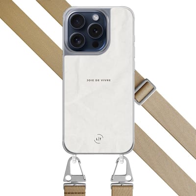 Hoesje met koord - Geschikt voor iPhone 15 Pro - Joie de vivre - Verstelbaar zwart koord - Grijs - Tekst - Leuke Telefoonhoesjes