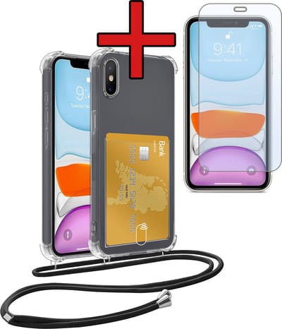 Hoesje Geschikt voor iPhone Xs Max Hoesje Met Telefoonkoord en Pasjeshouder Met Screenprotector Siliconen - Hoes Geschikt voor iPhone Xs Max Hoesje Met Kaarthouder Shock Proof Case - Transparant