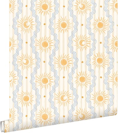 ESTAhome behang zonnetjes beige, blauw en geel - 50 x 900 cm - 132017