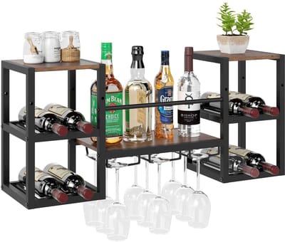 CORE Wandrek - Wijnrek - Flessenhouder - Wandwijnrek - Flessenrek voor 8 flessen - Glazenhouder voor 9 glazen - Hout en metaal - 90x25x40cm - Rustiek bruin